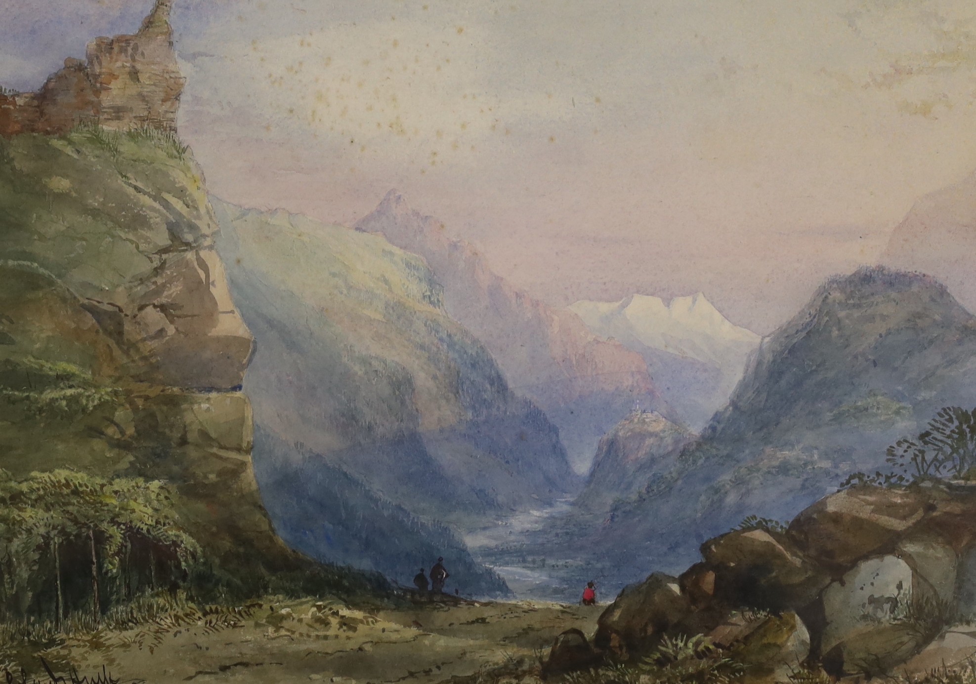 Claude Hulk (1865-1920), watercolour, Figures in a mountainous landscape, signed, 24 x 33cm and a colour print, after W.H. Bartlett